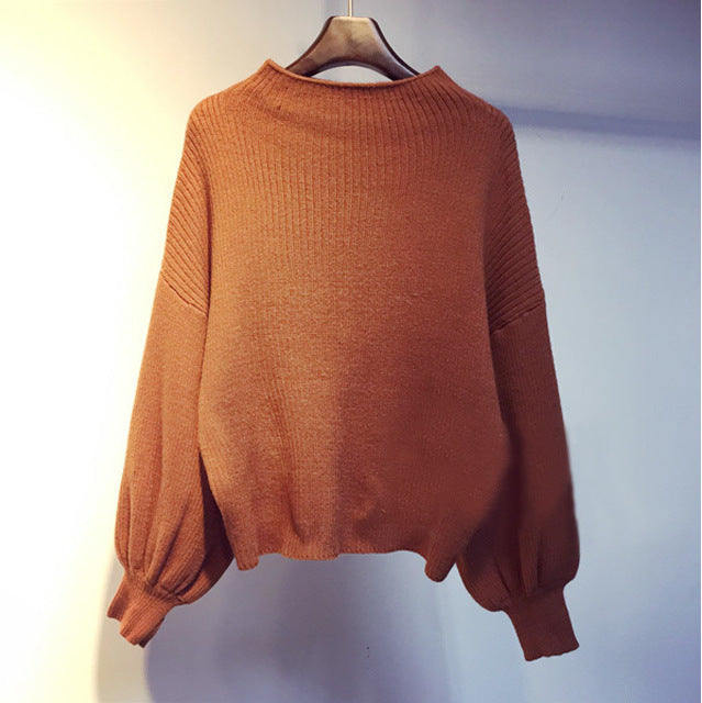 Half Turtleneck Lantern Sleeve Sweater Loose Slim Looking Base Knitwear