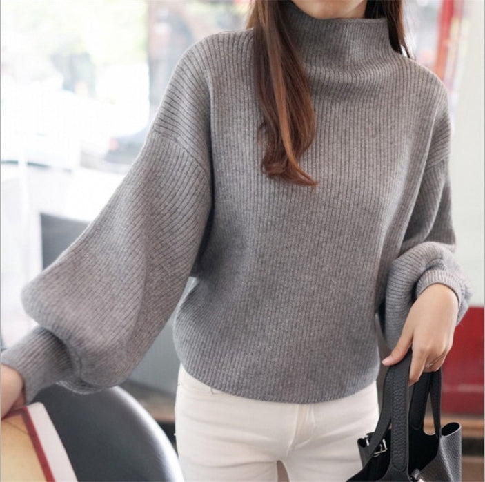 Half Turtleneck Lantern Sleeve Sweater Loose Slim Looking Base Knitwear